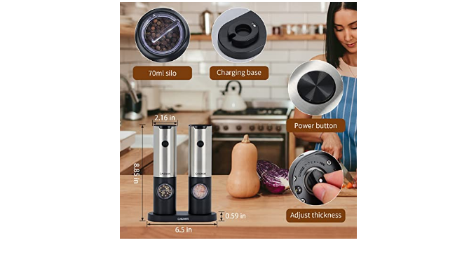 CAISIMIKI Electric Salt or Pepper Grinder Battery Operated, Automatic  Pepper Mill Grinder with LED Light, Adjustable Coarseness, One Hand  Operated