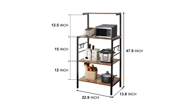 Sasoiky Bakers Rack,4-Tier Kitchen Storage Shelf Rack,Microwave Cart Coffee  Bar Stand Rack with 4 Hooks,Bakers Racks for Kitchens with Storage(Light