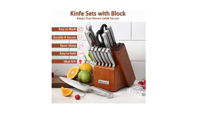 McCook MC29 15-Piece Kitchen Cutlery Knife Block Set Built-in Sharpener  Stainless Steel