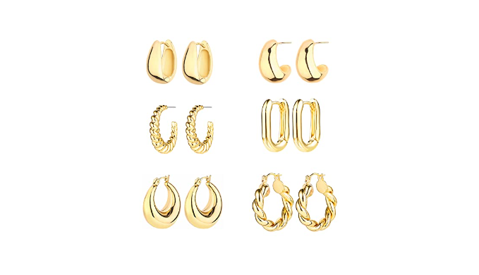 6 Pairs 14k Gold Hoop Earrings For Women Lightweight Chunky Hoop Earrings Multipack 1575