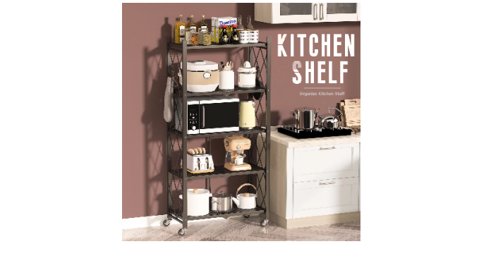 COOKCOK 5-Tier Storage Shelving Unit, Heavy Duty Metal Shelf  27.9x13.4x62.5, Foldable Storage Shelf with Wheels, Garage Shelf, Metal  Storage Rack, Kitchen Shelf with 4 Hooks, No Assemble Require 