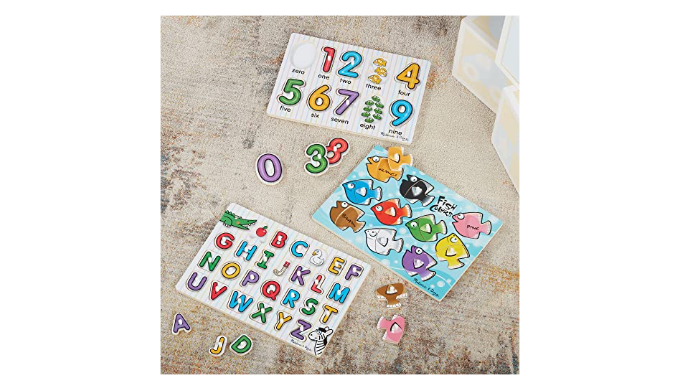 Melissa & Doug Classic Wooden Peg Puzzles (Set of 3) - Numbers, Alphabet,  and Colors - Toddler Learning Toys, Alphabet And Numbers Puzzles For Kids