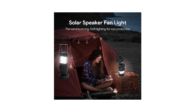 UCGG Solar Camping Lantern with Fan，Built-in Speaker, Bluetooth Connection,  Rechargeable Camping LED Light Portable Tent Fan