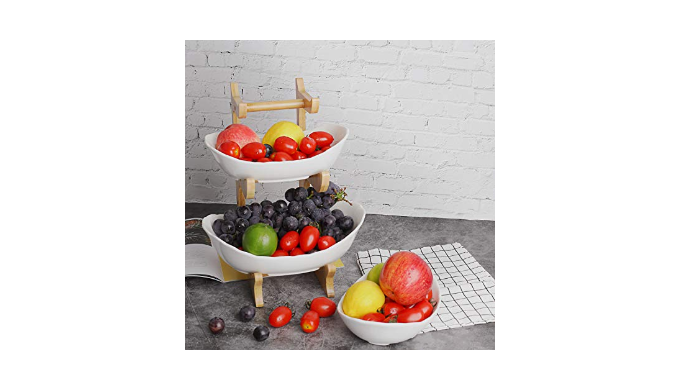 SEVEN SPARTA Fruit Bowl for Kitchen Counter - 3 Tier Ceramic Serving Bowls  with Bamboo Stand, Tiered Fruit Basket for Fruit Vegetable Storage, Cake