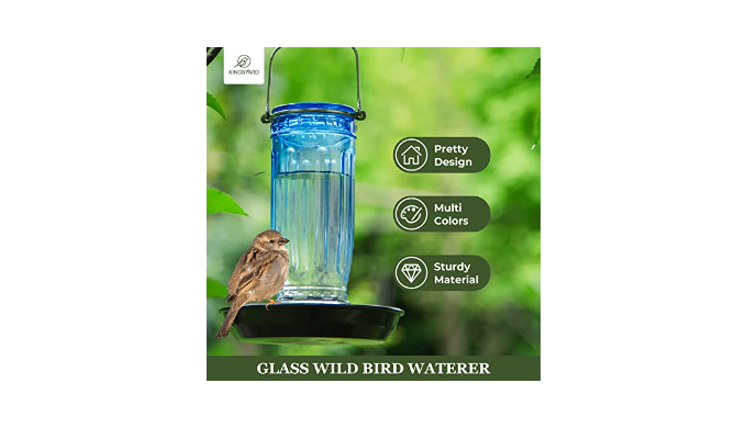 Kingsyard Bird Water Feeder, 16 Oz Glass Bird Water Dispenser Bird Waterer  with Metal Hanging for Garden Yard Outside Decoration, Blue