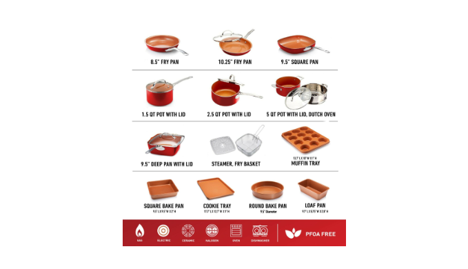 Gotham Steel 20 Piece Red Cookware and Bakeware Set with Ceramic Copper  Coating - Coupon Codes, Promo Codes, Daily Deals, Save Money Today