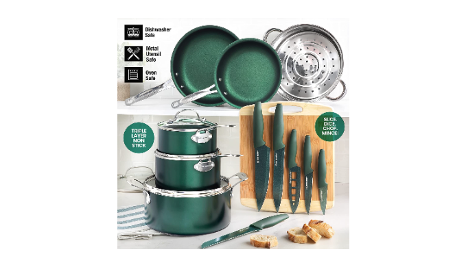 Granitestone Nonstick Pots and Pans Set Cookware Set Knife Set 17Pcs Emerald  