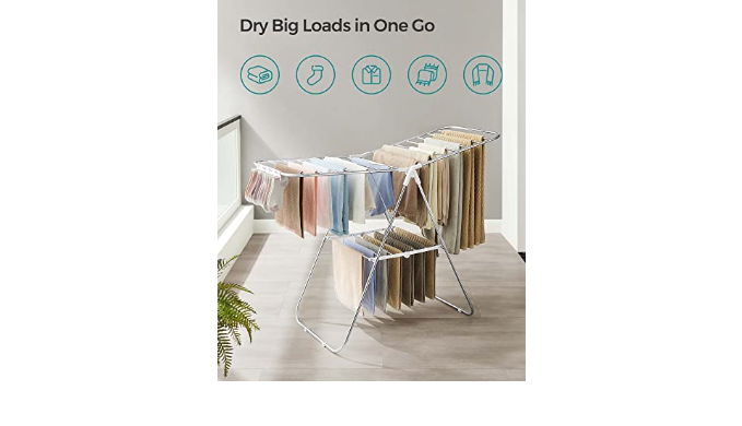 SONGMICS Clothes Drying Rack, with Sock Clips, Metal Laundry Rack,  Foldable, Space-Saving, Free-Standing Airer, with Height-Adjustable  Gullwings, Indoor Outdoor Use, Silver and White ULLR052W01 - Coupon Codes,  Promo Codes, Daily Deals, Save