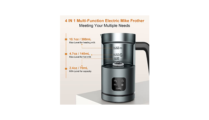  Milk Frother, 4-in-1 Electric Milk Steamer, 10.1oz