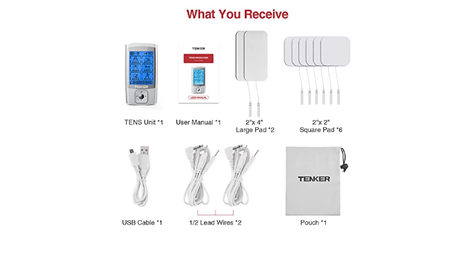 TENKER EMS TENS Unit Muscle Stimulator, 24 Modes Dual Channel Electronic  Pulse Massager for Pain Relief/Management & Muscle Strength Rechargeable  TENS Machine with 8 Pcs Electrode Pads