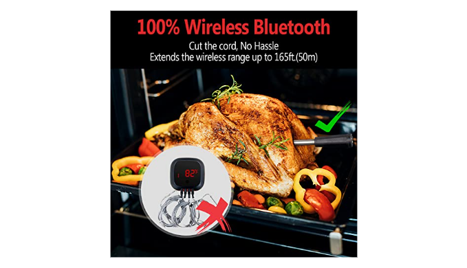 Smart Meat Thermometer with Bluetooth 165ft Wireless Range for Oven, Grill  BBQ