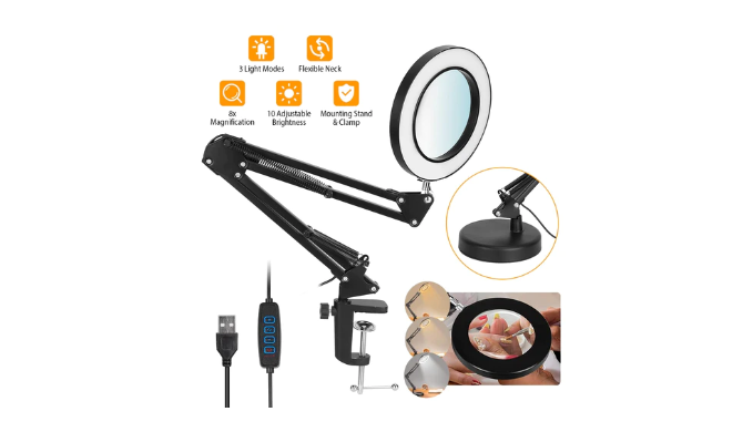 2-in-1 LED Magnifier Desk Lamp with 8x Magnifying Glass