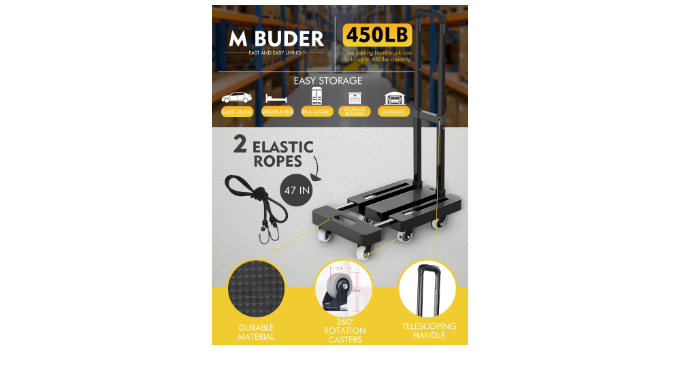 M BUDER Folding Hand Truck, 500 LBS Heavy Duty Luggage Cart, Utility Platform  Cart with 6 Wheels for Luggage, Travel, House, Office, Shopping, Moving Use  - Black Folded Size is 11.8 x