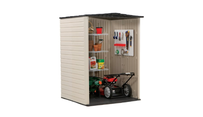 Rubbermaid Resin Weather Resistant Outdoor Storage Shed, 5 x 4 ft.,  Sandalwood/Onyx Roof, for Garden/Backyard/Home/Pool