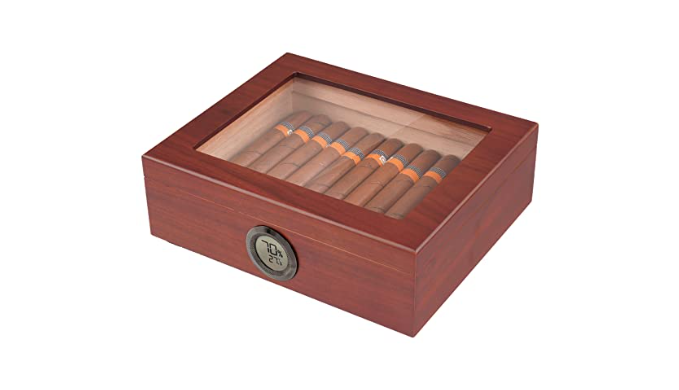 Mensie Glass Top Cedar Humidor with Front Hygrometer, Humidifier, Divider, and Accessory Drawer, Desktop Cedar Wood Cigar Box Holds 25-50 Cigars, Ciga