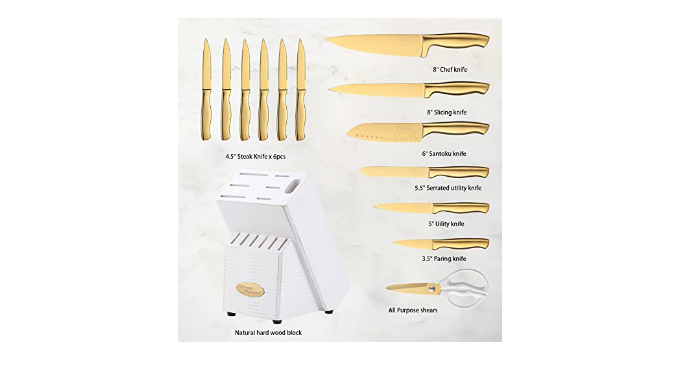 Marco Almond® Gold Knife Set With Block KYA23, 14 Pieces Stainless Steel  Chef Cutlery Knives Set for Kitchen with Acrylic Stand - Yahoo Shopping