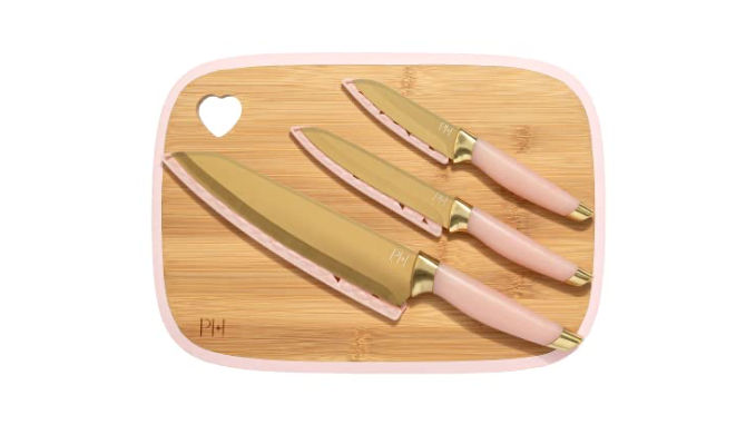 Paris Hilton 6-Piece Stainless Steel Cutlery Set with Bamboo Reversible Cutting Board, Pink