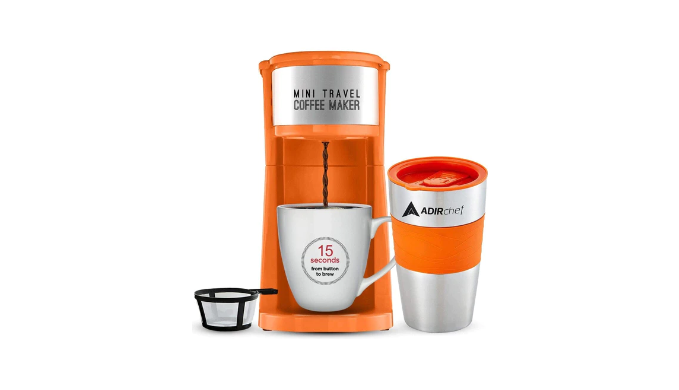 AdirChef Grab N' Go Personal Coffee Maker with 15 oz. Travel Mug (Orange)