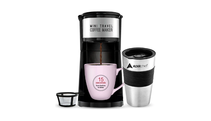 AdirChef Grab N' Go Personal Coffee Maker with 15oz Travel Mug Black/Stainless