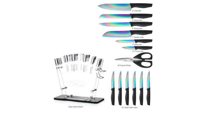 Kitchen Knife Set Dishwasher Safe Marco Almond Kya27 14pc Rainbow Kitchen Knife Block Set,Titanium Cutlery Knife Set,Teal, Blue