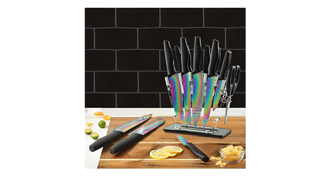 Kitchen Knife Set Dishwasher Safe Marco Almond Kya27 14pc Rainbow Kitchen Knife Block Set,Titanium Cutlery Knife Set,Teal, Blue