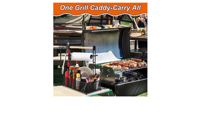 Grill Caddy, Picnic BBQ Organizer for Camping Outdoor Mesh Basket with 3  Hanging Hooks and Paper Towel Holder, Ideal Table Storage Tools for RV  Camper/Tailgating/Flatware