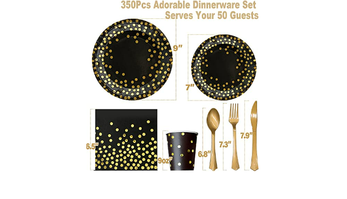 175PCS Black and Gold Party Supplies, Severs 25 Disposable Party Dinnerware,  Gold Plastic Forks Knives Spoons and Golden Dot Black Paper Plates, Black  Napkins Cups for Graduation, Birthday, Wedding