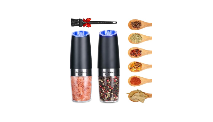 Gravity Electric Salt and Pepper Grinder Set - 2 Pack, Adjustable  Coarseness, One Hand Operation Electric Black Pepper Grinder with LED Light  and Cleaning Brush