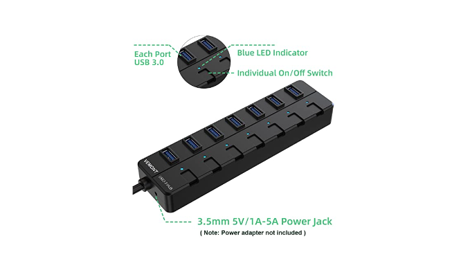 USB hub,7 Port USB 3.0 Hub,VEMONT USB Splitter with Individual On/Off  Switches and Lights, 4ft/1.2m USB HUB Long Cable, USB Extension for Laptop  and