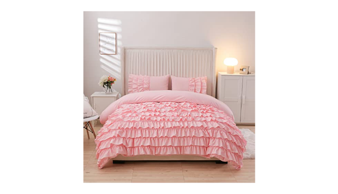 NTBED Ruffled Twin Comforter Set Casual Textured Chic Princess Bedding Set  Pink