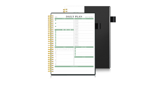 Daily Planner Undated, To Do List Notebook with Hourly Schedule Calendars  Meal, Spiral Appointment Organizers Notebook for Man/Women, Pocket,Pen  Loop