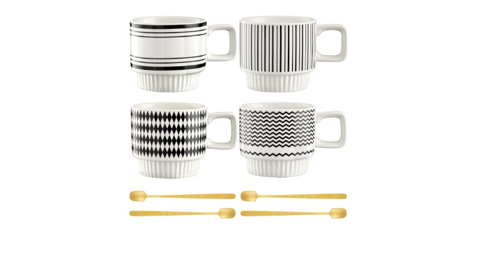 Set of 4 Ceramic Espresso Cups, 12 oz Cappuccino Cup with Spoons Stackable Tea  Cup Set Espresso Coffee Cup Modern Geometric Black White Small Cafe Ice Coffee  Mug Mocha Latte Tea Cups